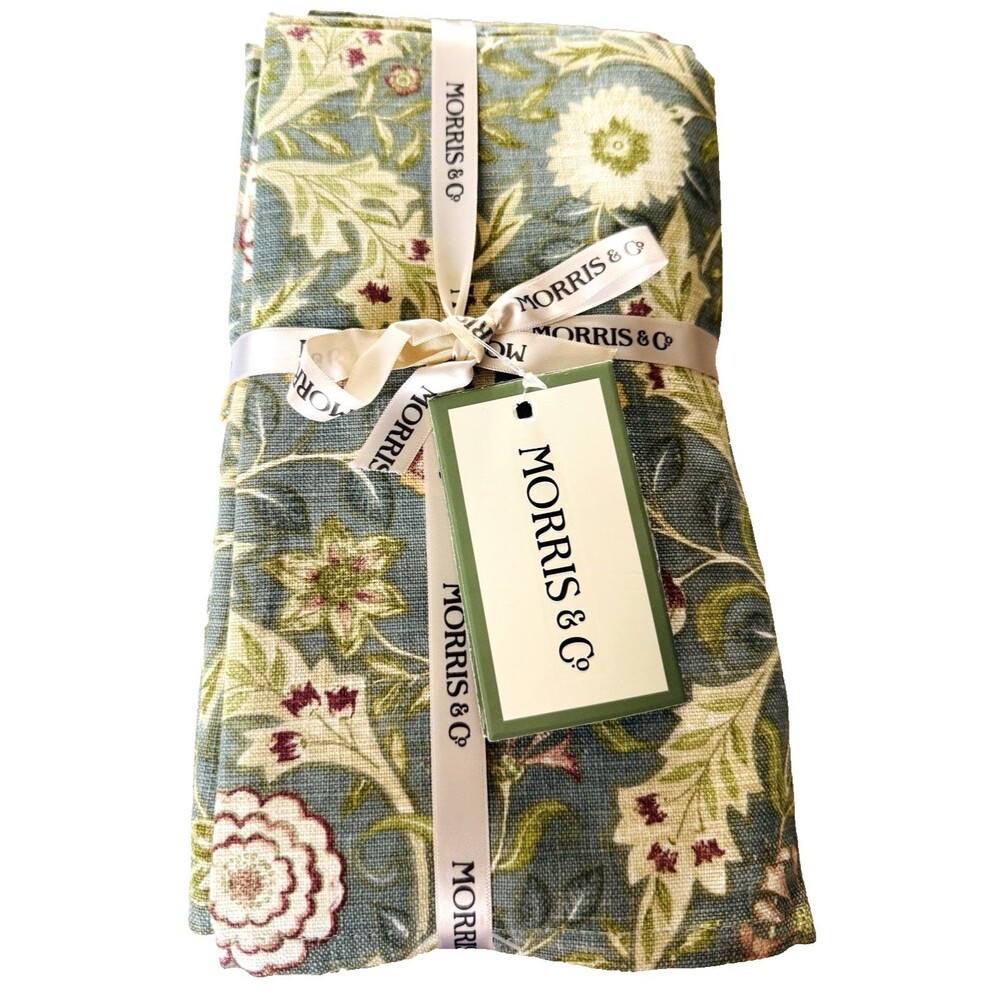 Morris & Co Dinner Fabric Napkins Wilhemina Floral Blue Ivory 20x20" Set of 8
